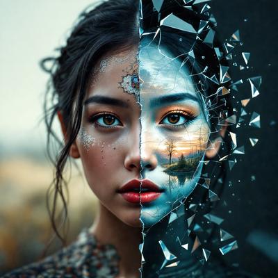 The primary subject of the image is a woman with a unique and artistic appearance. She is depicted with two different faces, one on the left and one on the right, creating a visually striking effect. The setting is a black background, which further emphasizes the contrast between the two faces. The visual style of the image is a combination of digital art and illustration, giving it a surreal and intriguing quality. The colors and mood of the image are predominantly dark, with the woman's faces being the